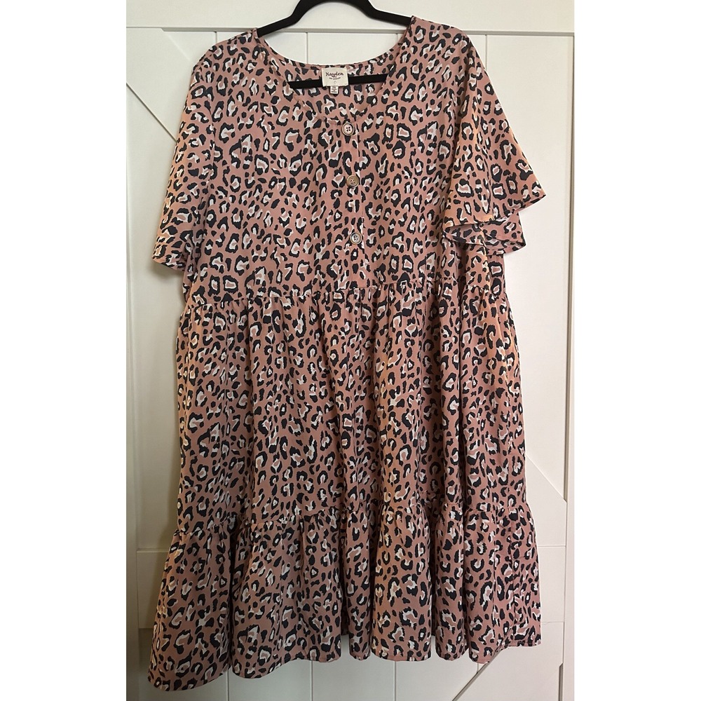 Hayden Los‎ Angeles 2XL Mauve Leopard Ruffle Hem Dress Button Front Short Sleeve
